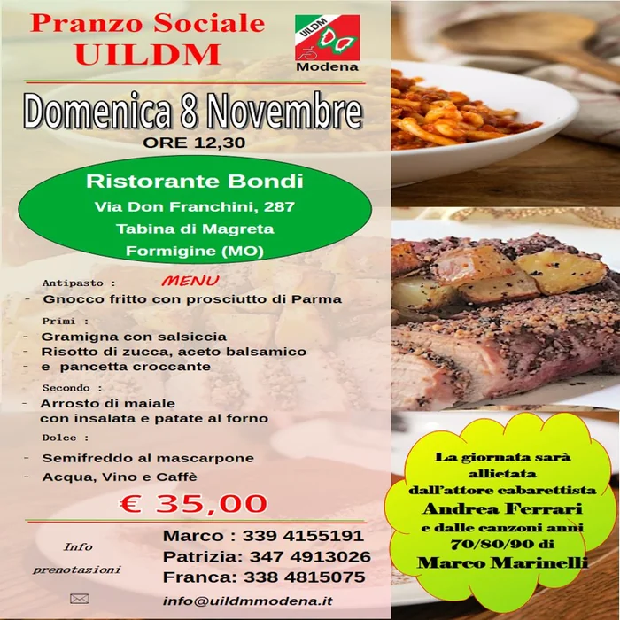 Locandina del pranzo sociale UILDM Modena di domenica 8 novembre 2026 al Ristorante Bondi di Formigine, con menu e contatti per le prenotazioni